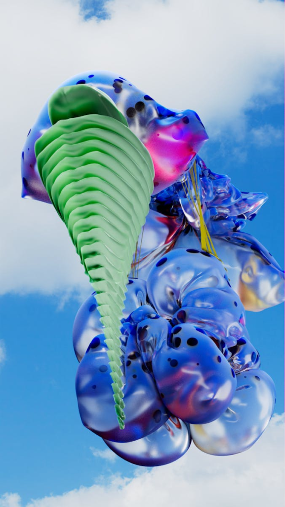 Vivid 3D-rendered abstract sculpture of organic shapes floating against a bright blue sky.